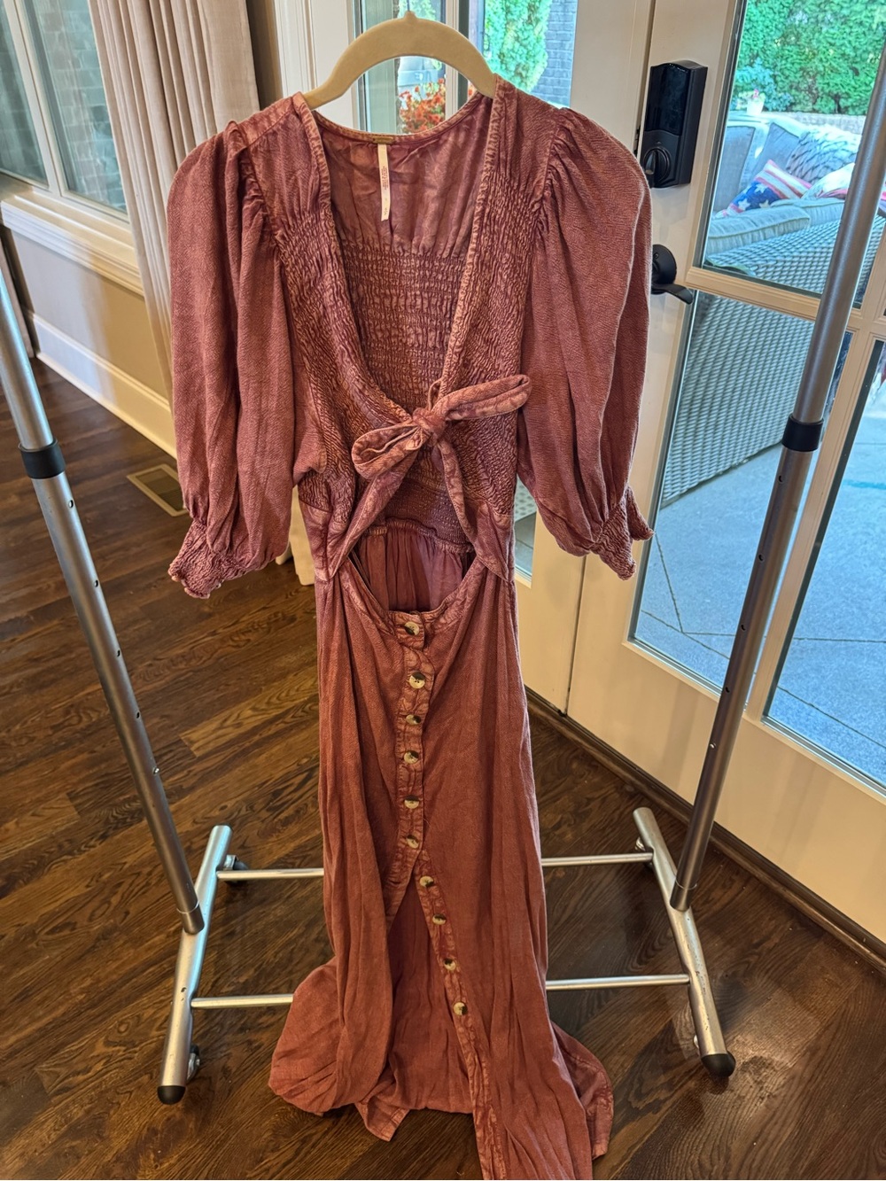 Free People Rust-Pink Button Front Maxi Dress with Tie Waist